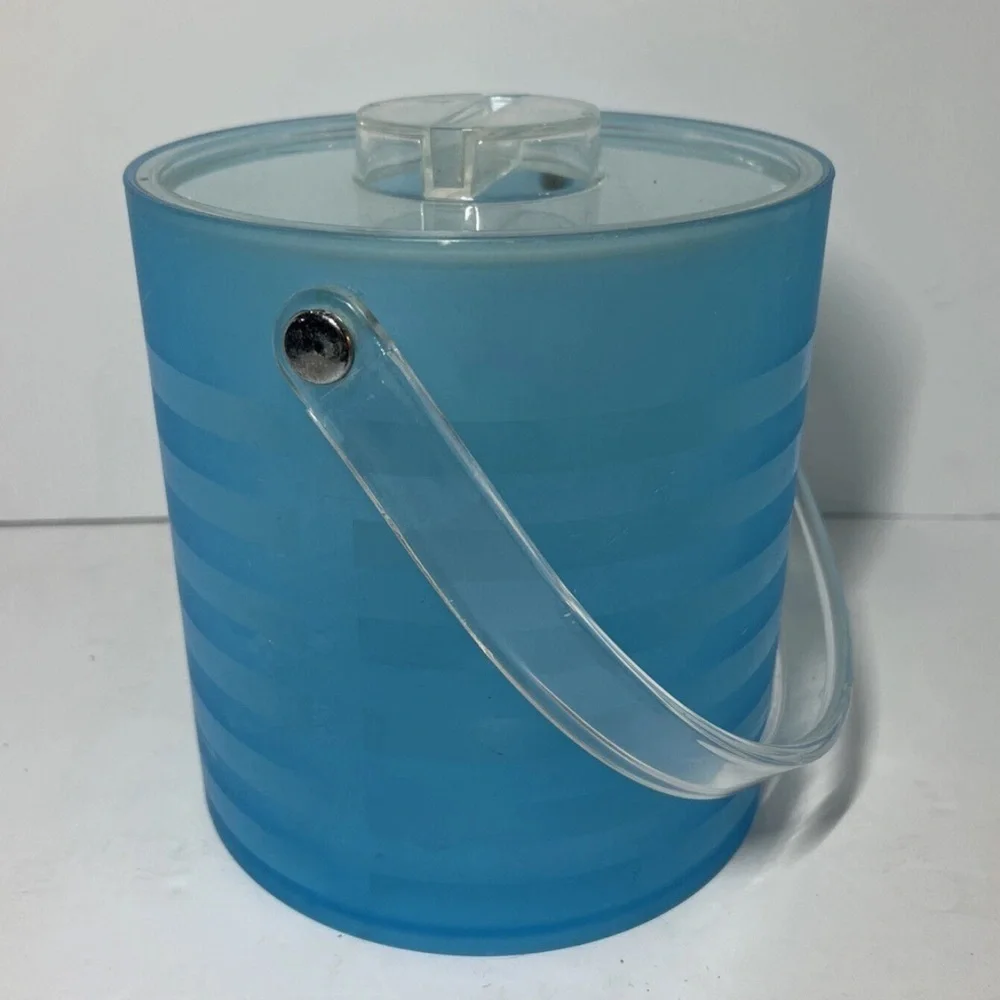Mid Century Modern Lucite Acrylic Frosted Blue Ice Bucket With Lid Inner Bucket
